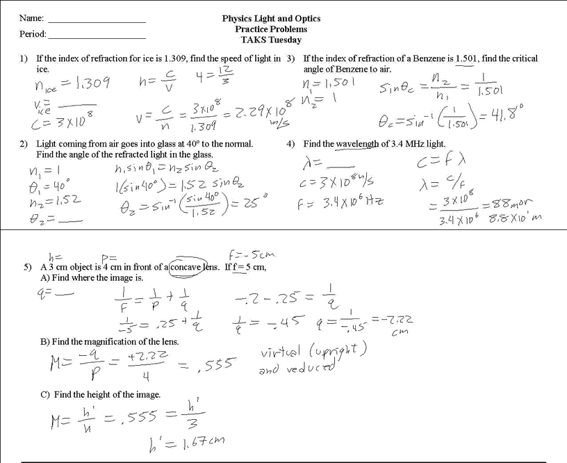 Snell S Law Practice Problems Worksheet With Answers Pdf