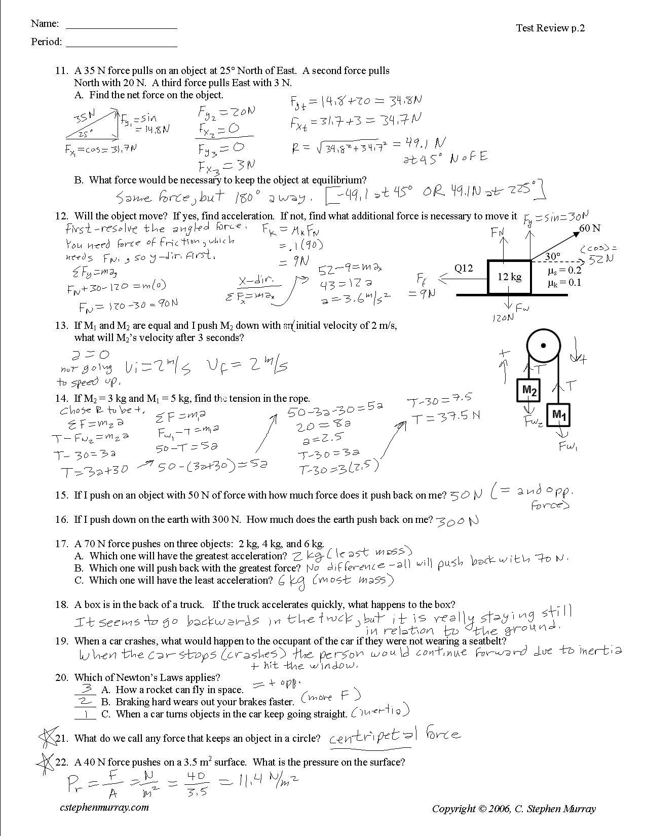 Physics Worksheet Answers Intended For Newton039s Second Law Worksheet